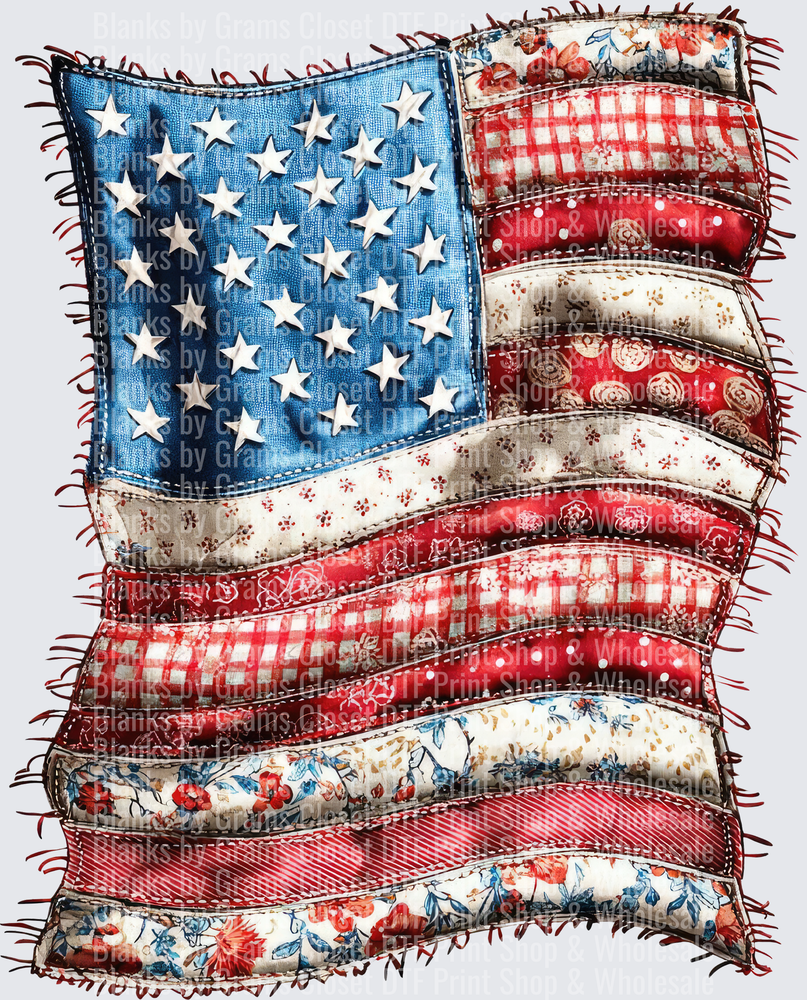 Rustic Patchwork American Flag with Frayed Edges and Mixed Patterns