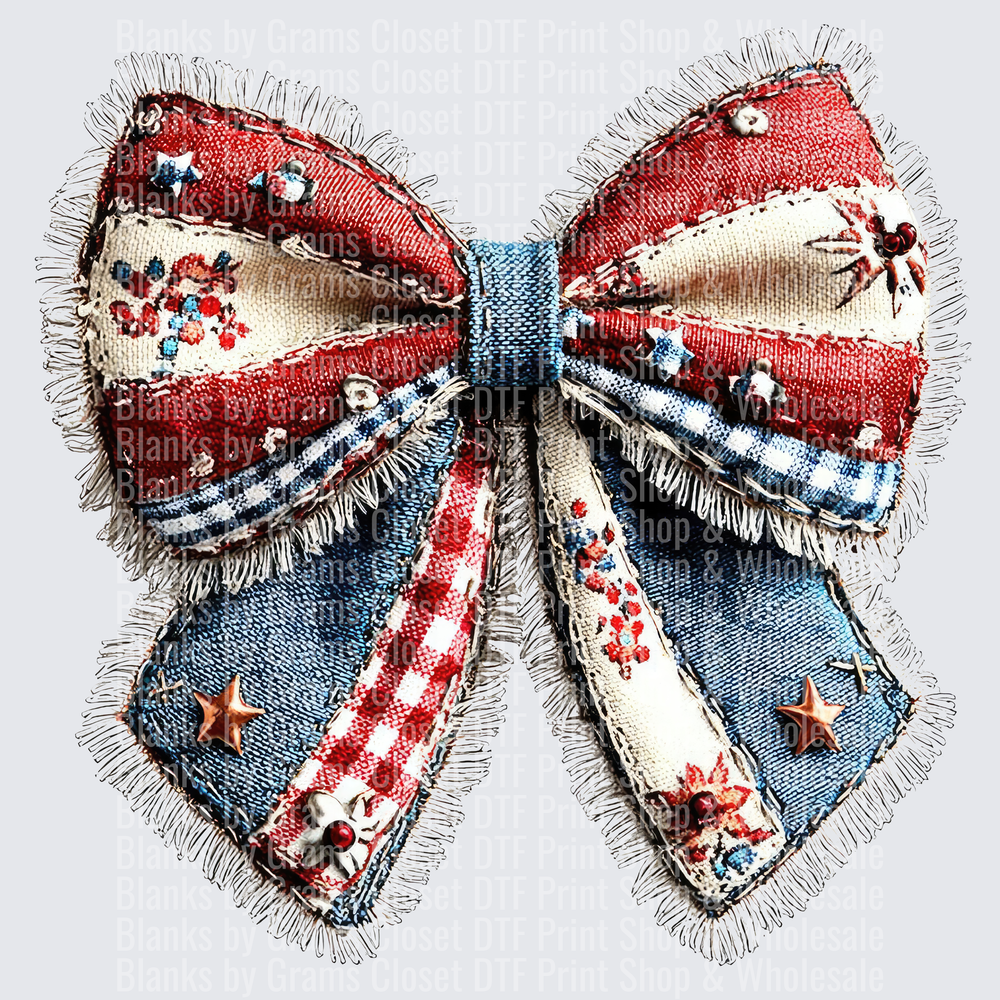 Distressed Denim Bow Tie with American Flag Stars and Stripes