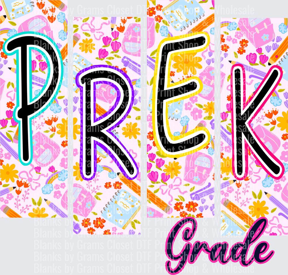 Pre-K Grade Colorful School Supplies Floral Letter Design