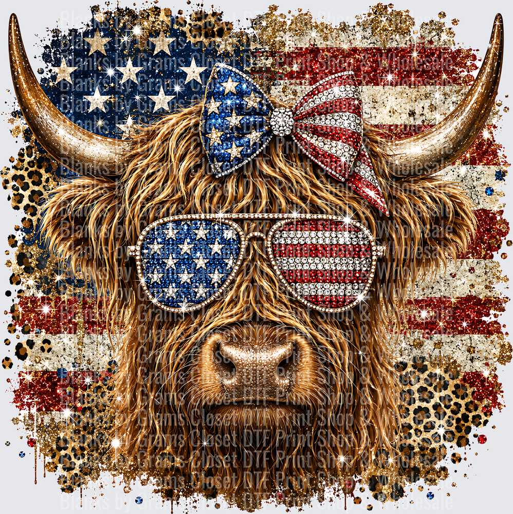 Patriotic Highland Cow Rhinestone Bow Sunglasses American Flag
