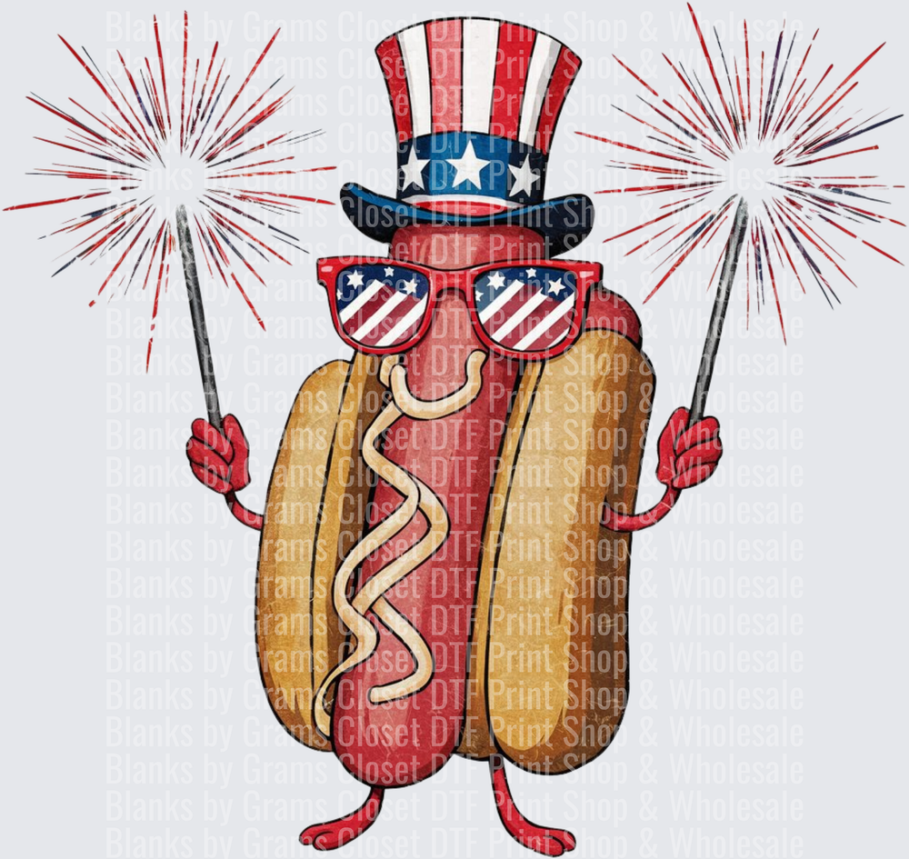 Patriotic Hot Dog Character with Uncle Sam Hat and Fireworks