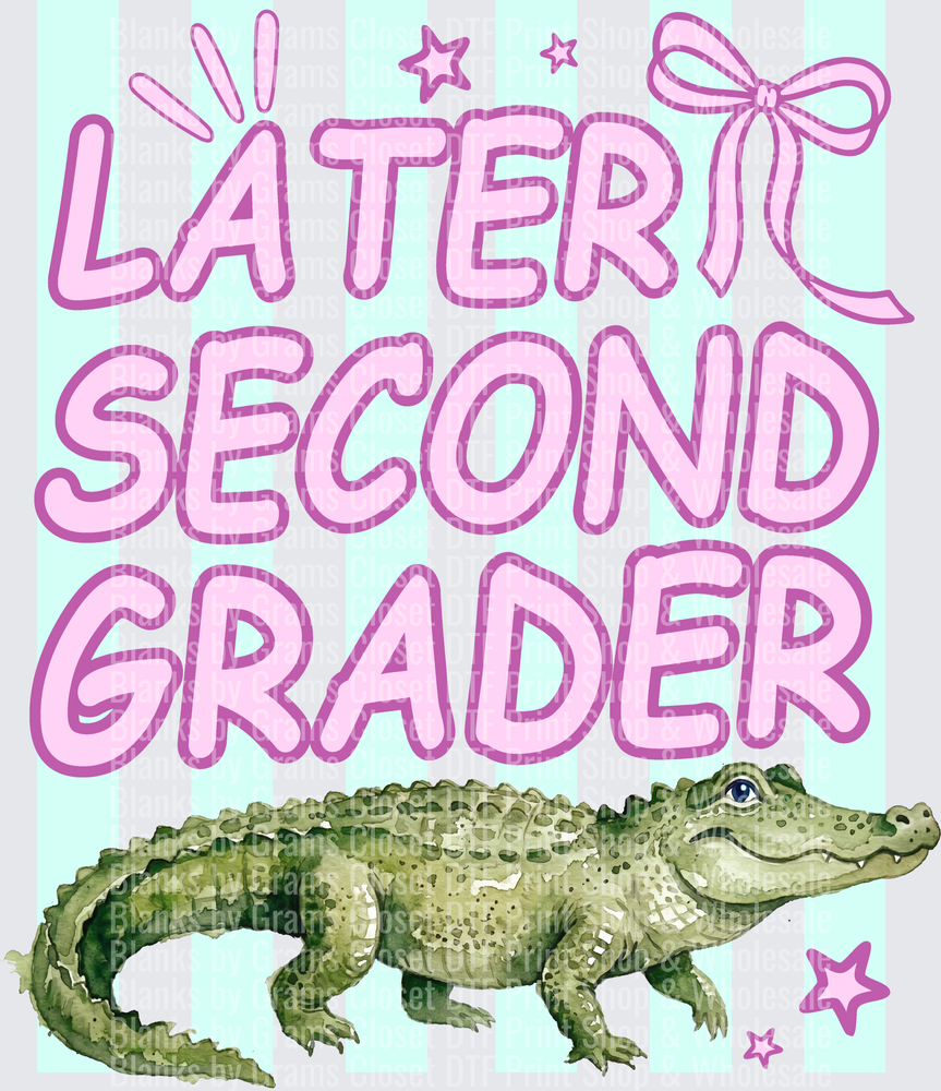 Later Second Grader Alligator with Pink Bow and Stars