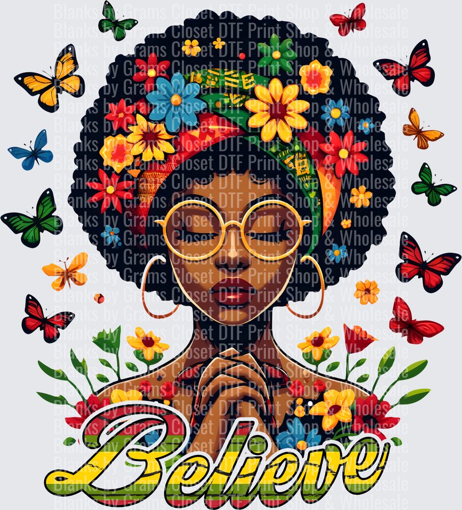 Believe Inspirational Afro Woman with Flowers and Butterflies