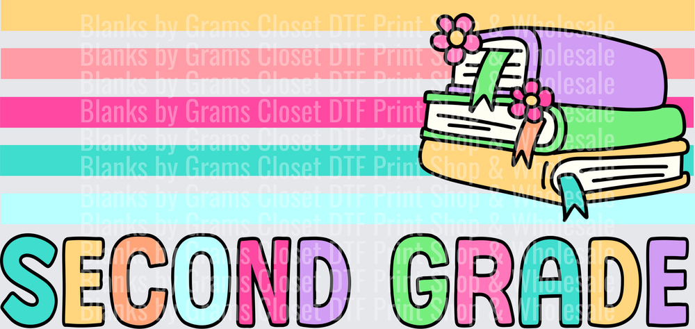 Second Grade Colorful Stacked Books with Floral Bookmarks