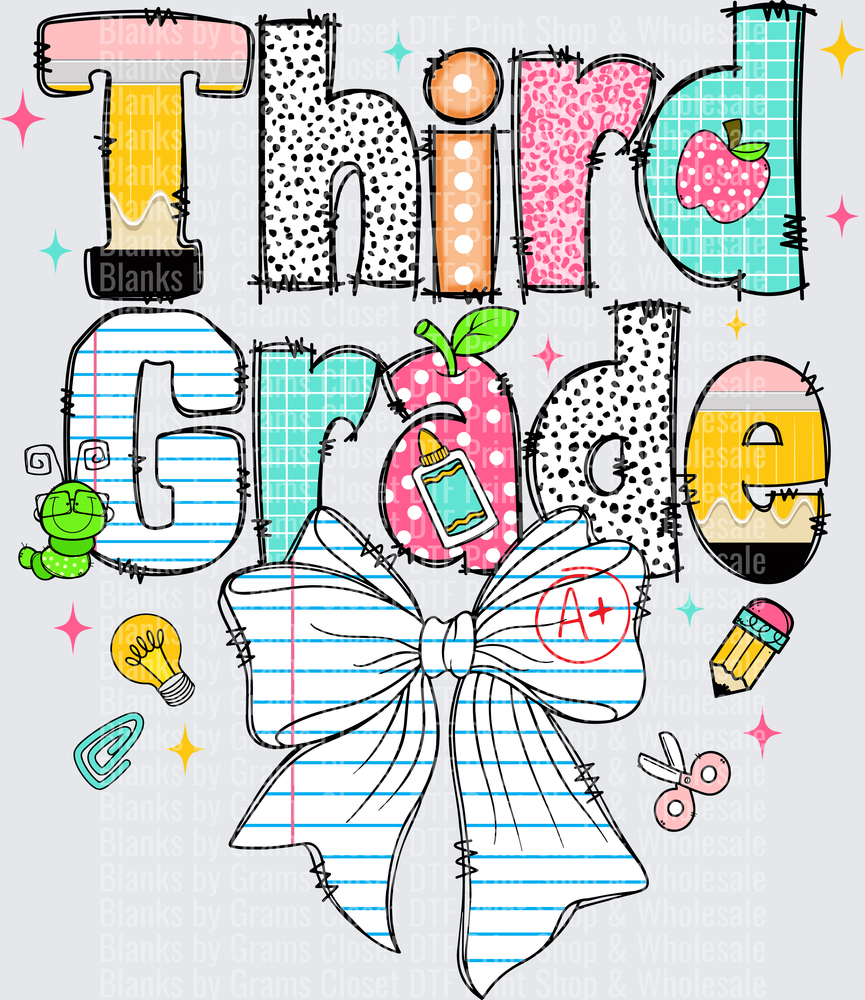 Third Grade Doodle Letters School Supplies Bow Design