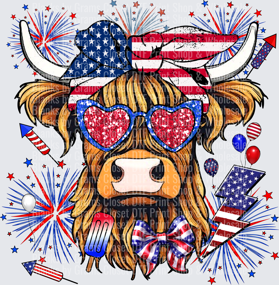 Patriotic Highland Cow with Heart Sunglasses and American Flag Fireworks