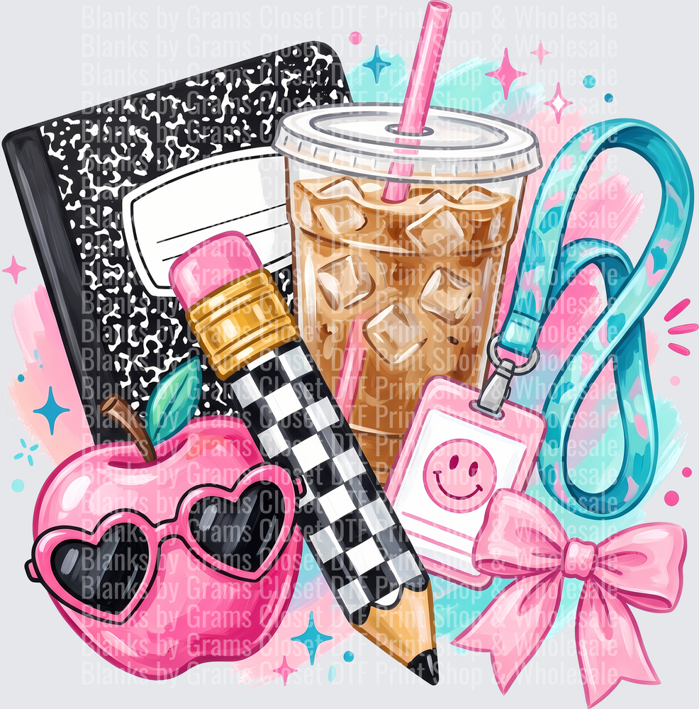 Trendy Teacher Back to School Supplies Pink Bow Iced Coffee
