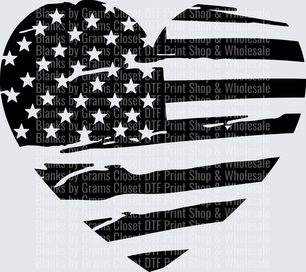 Distressed American Flag Heart Black and White Design