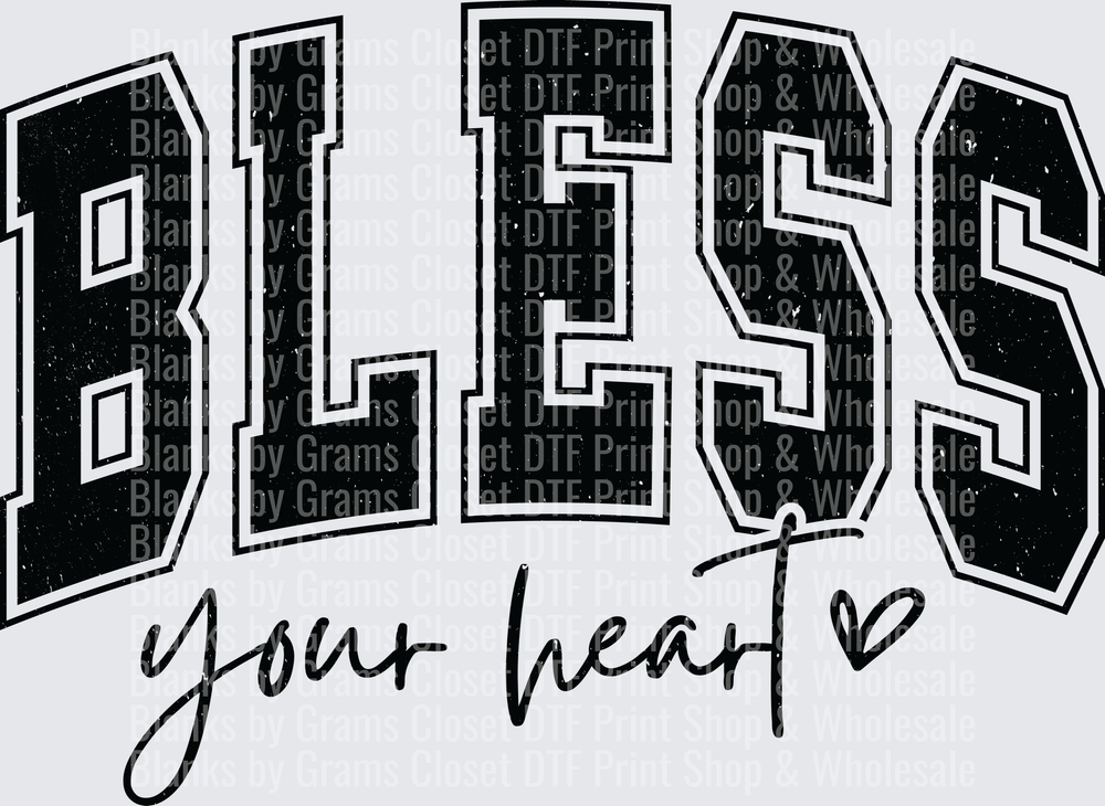 Bless Your Heart Varsity Bold Letter Script Heart Design