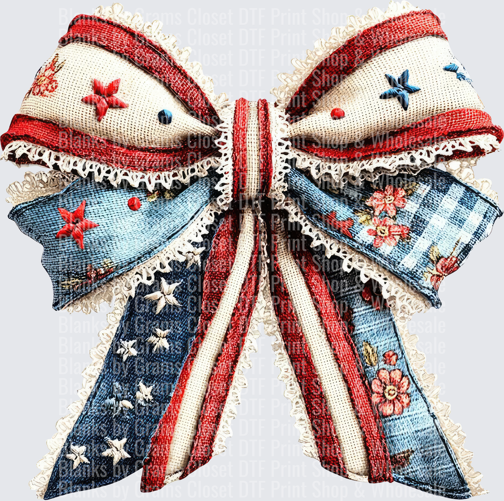 Patriotic Denim and Burlap Bow with Stars and Floral Embroidery