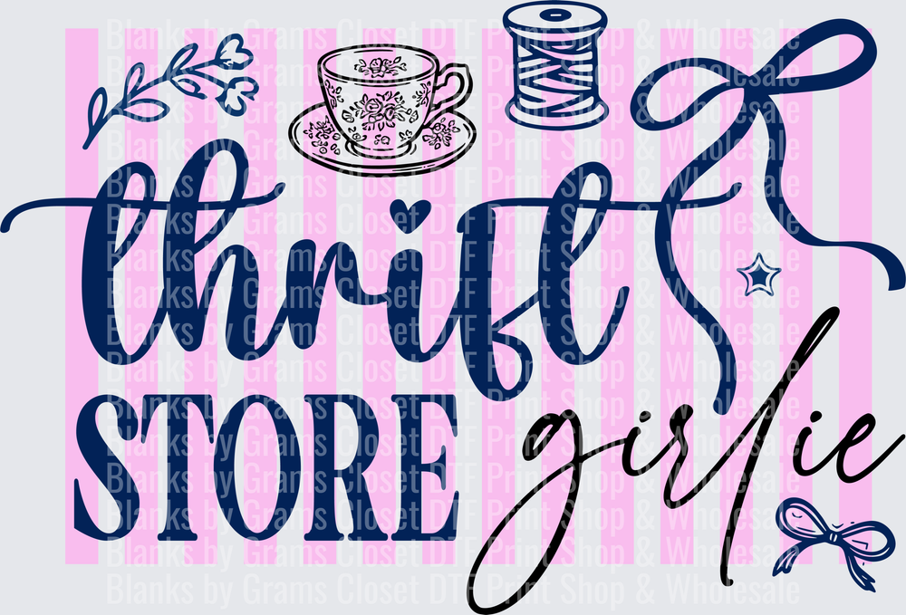 Thrift Store Girlie Text with Sewing Theme Elements Pink Stripes