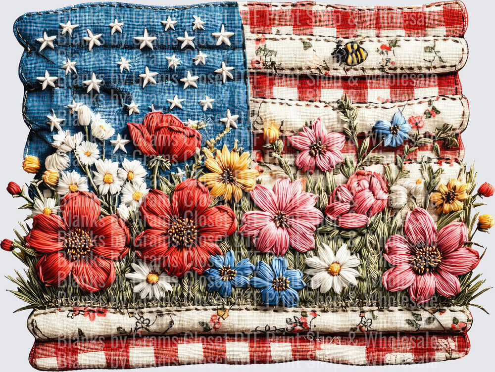 Vintage American Flag with Wildflower Bouquet and Bee
