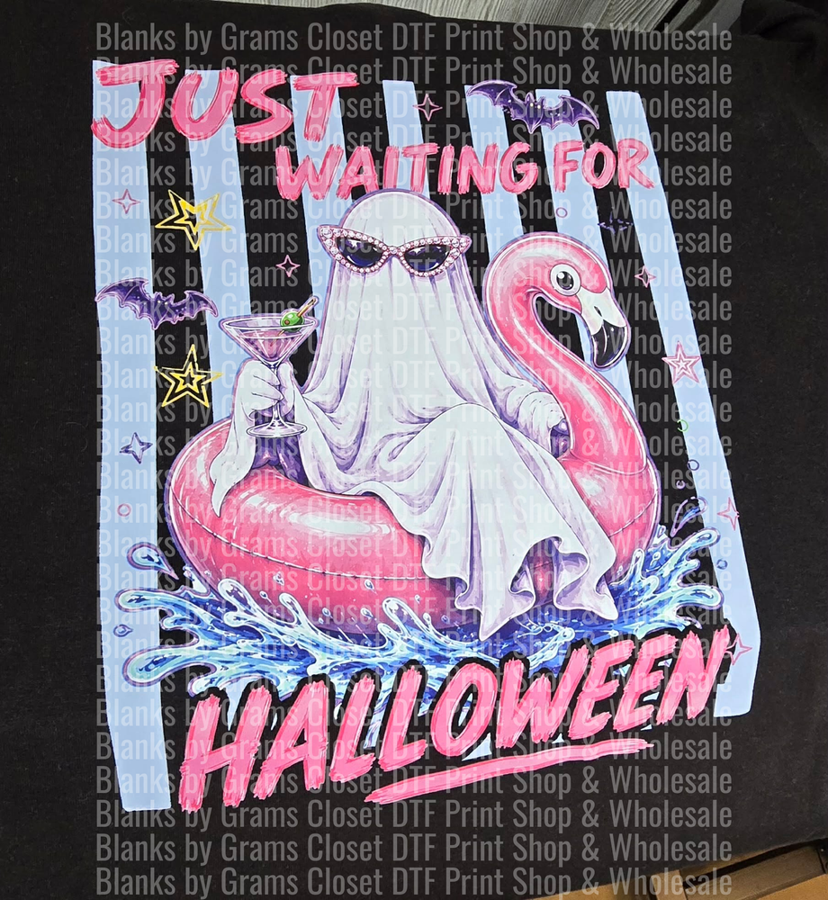 Just Waiting For Halloween Ghost on Pink Flamingo Float