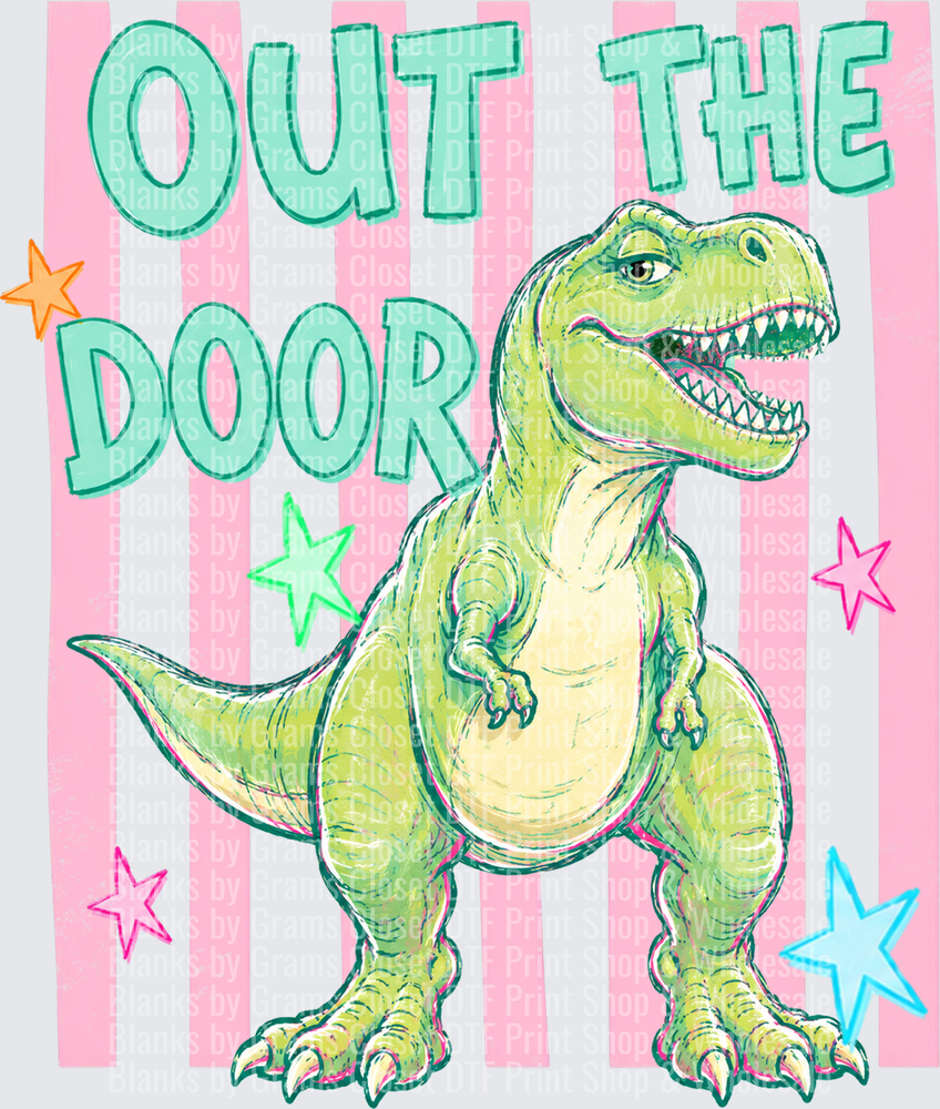 Out The Door T-Rex Dinosaur Pink Stripe Colorful Stars