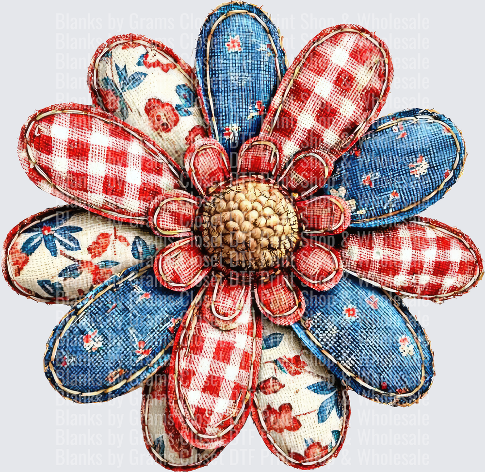 Rustic Patriotic Daisy with Red White Blue Gingham and Floral Patterns