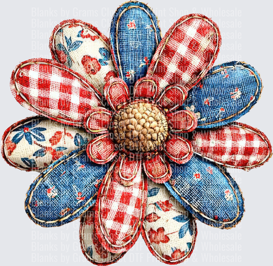 Rustic Patriotic Daisy with Red White Blue Gingham and Floral Patterns