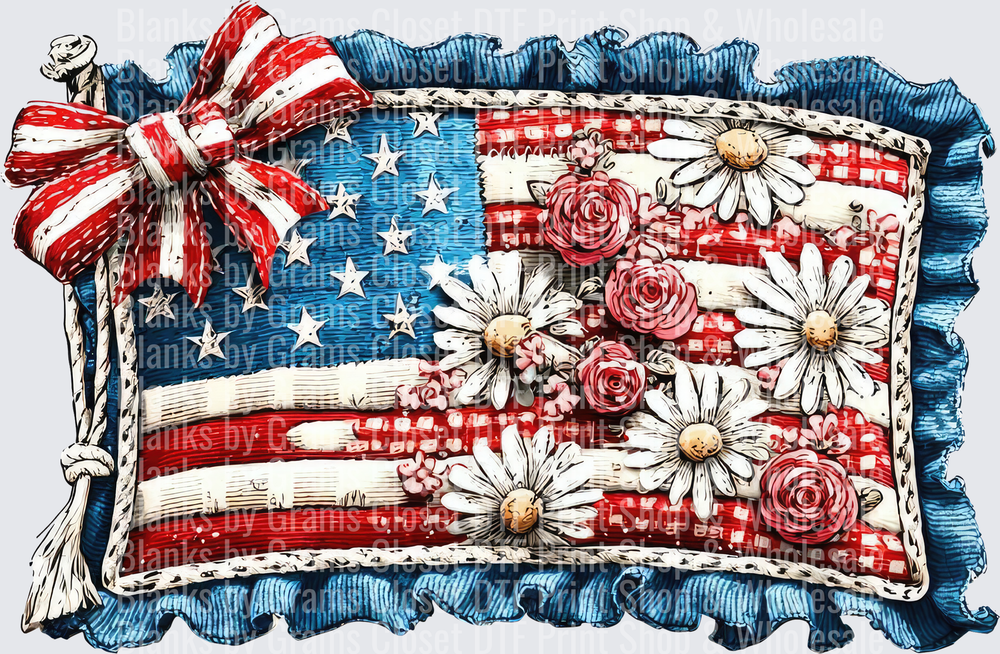 Vintage American Flag Pillow with Daisies and Roses Patriotic Design