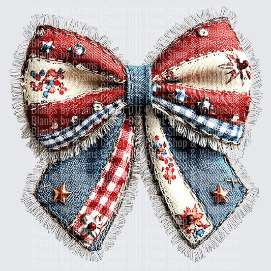 Distressed Denim Bow Tie with American Flag Stars and Stripes