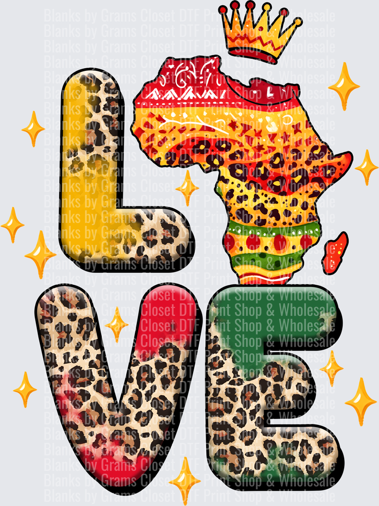 LOVE Africa Map Crown Leopard Print Gold Stars