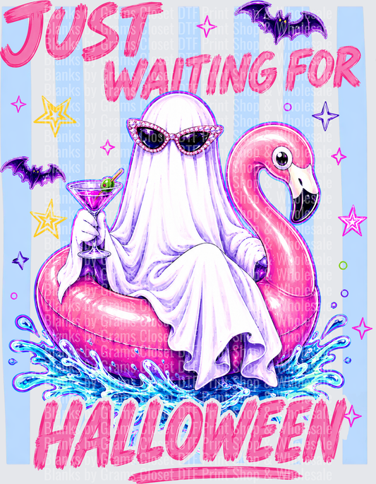 Just Waiting For Halloween Ghost On Pink Flamingo Float