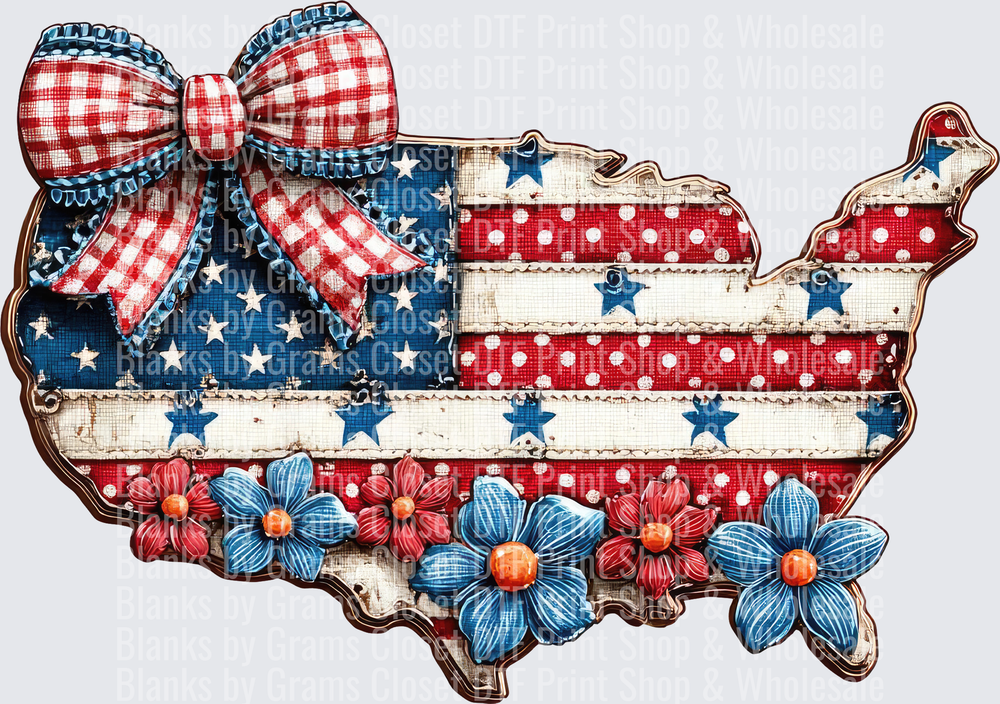 Patriotic USA Map with Gingham Bow and Flowers