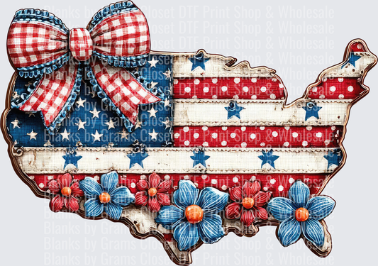Patriotic USA Map with Gingham Bow and Flowers