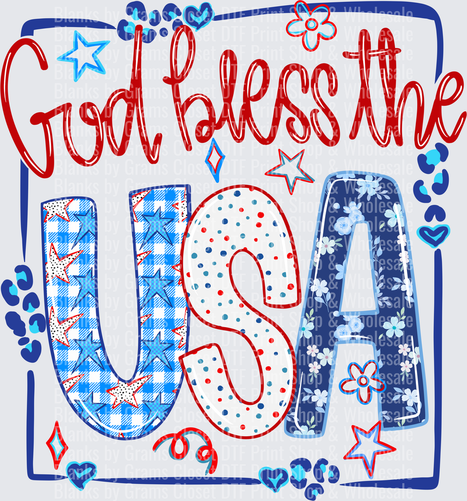 God Bless the USA Patchwork Stars Floral Patriotic Design