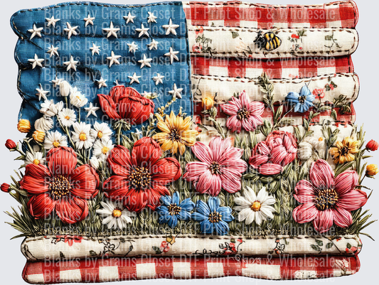 Vintage American Flag with Wildflower Bouquet and Bee
