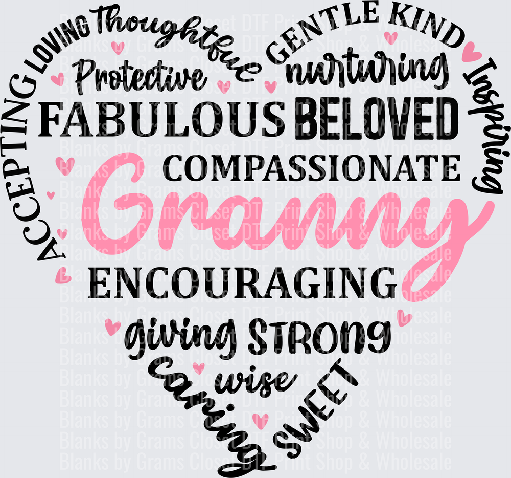 Granny Heart Word Cloud with Pink Script and Black Text