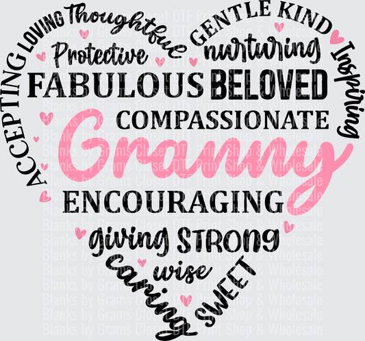 Granny Heart Word Cloud with Pink Script and Black Text