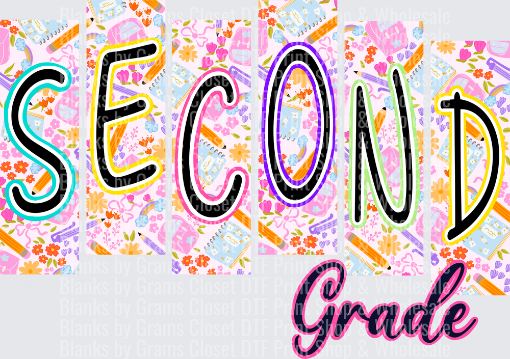 Second Grade Colorful School Supplies Floral Letter Design