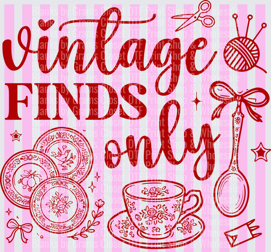 Vintage Finds Only Thrift Shopping Typography with Tea Cup and Sewing Notions
