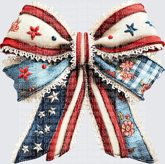 Patriotic Denim and Burlap Bow with Stars and Floral Embroidery