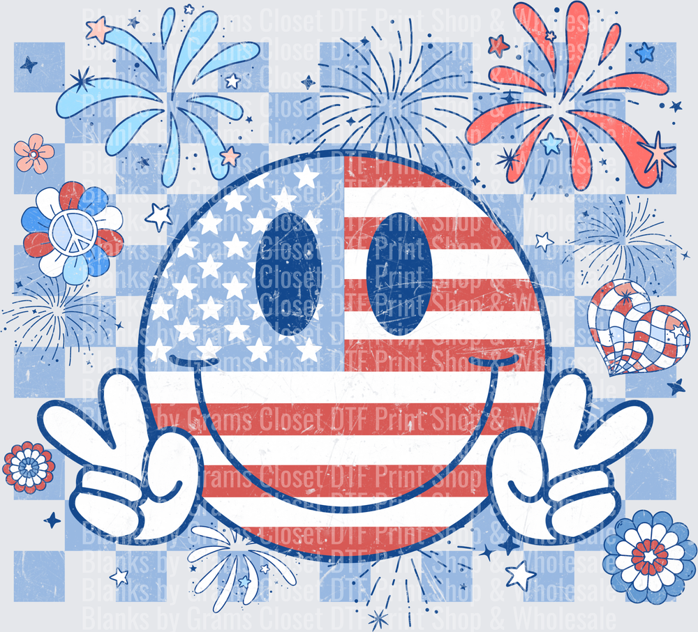 Patriotic Smiley Face with Peace Signs and Fireworks
