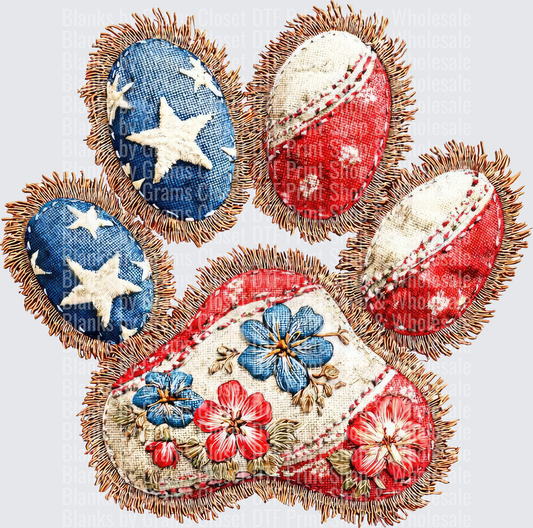 Patriotic Dog Paw Print with Stars Stripes and Hibiscus Flowers