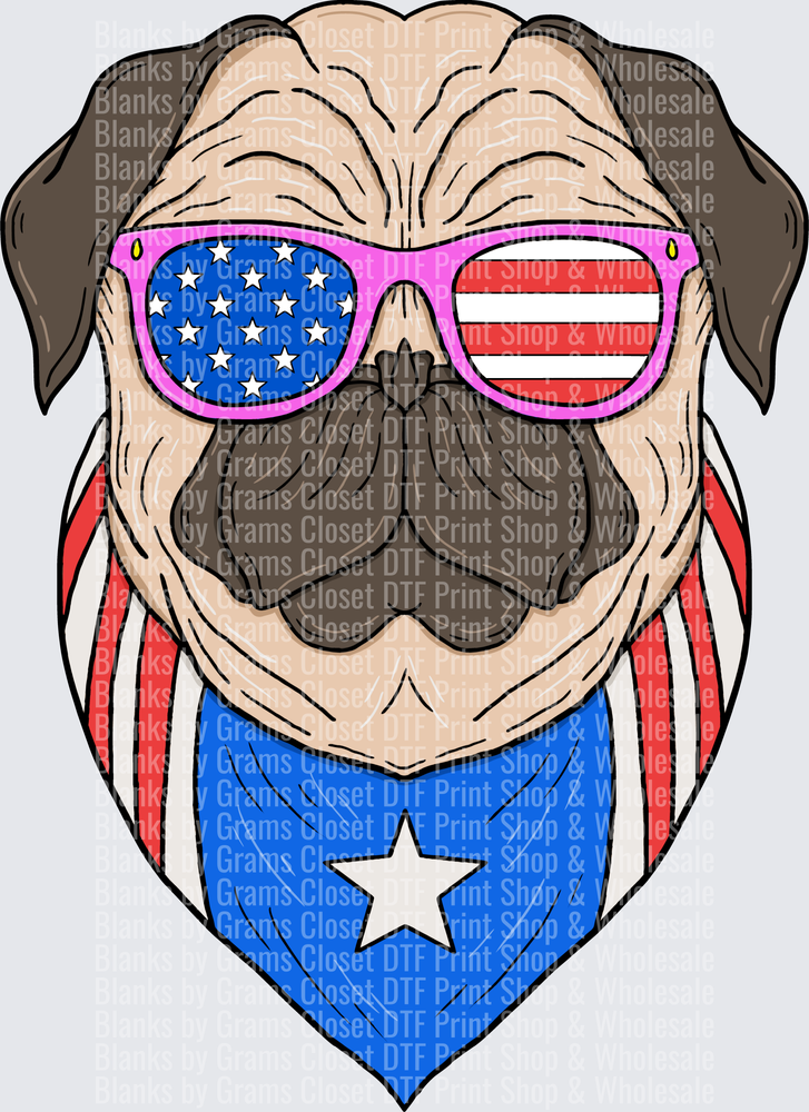 Patriotic Pug Wearing American Flag Sunglasses and Bandana