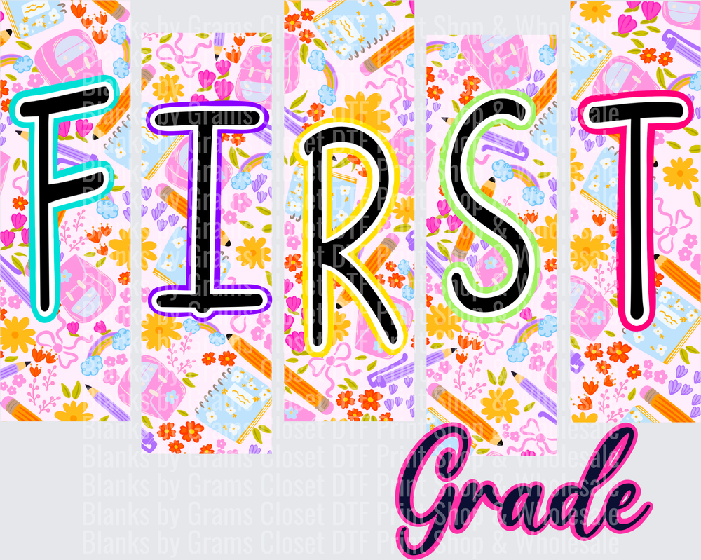 First Grade Colorful School Supplies Floral Pattern