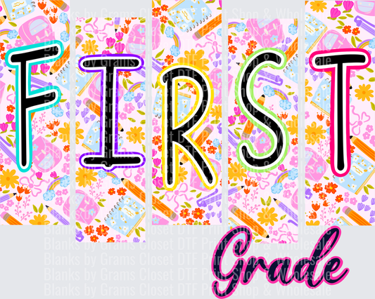 First Grade Colorful School Supplies Floral Panel Letters