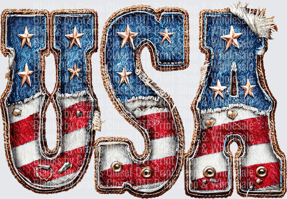 Patriotic USA Flag Denim Letters with Frayed Edges and Stars