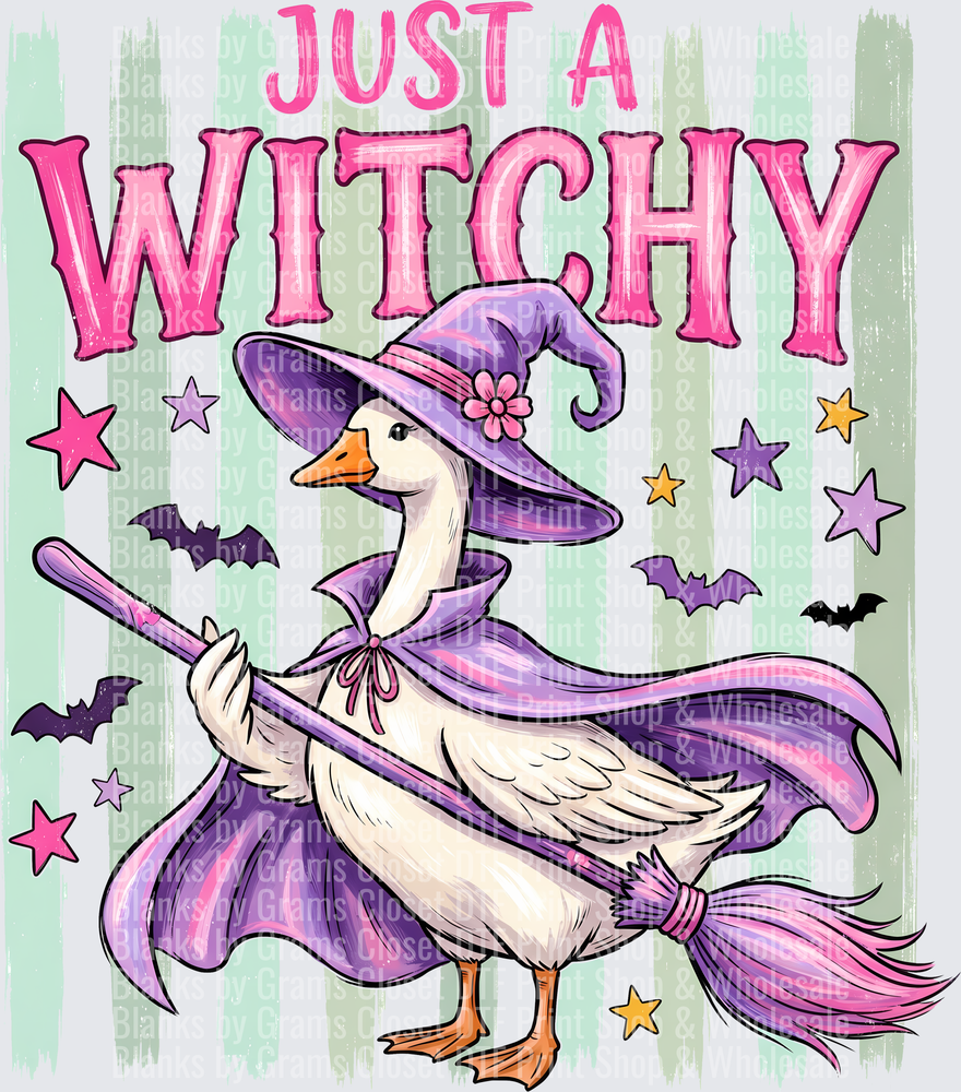 Just A Witchy Goose Halloween Witch Broomstick Stars Bats