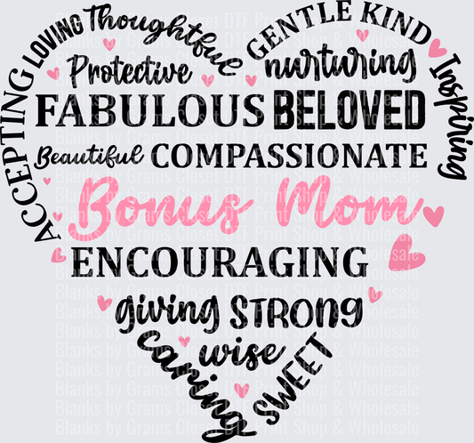 Bonus Mom Heart Typography with Pink Accents Mother's Day