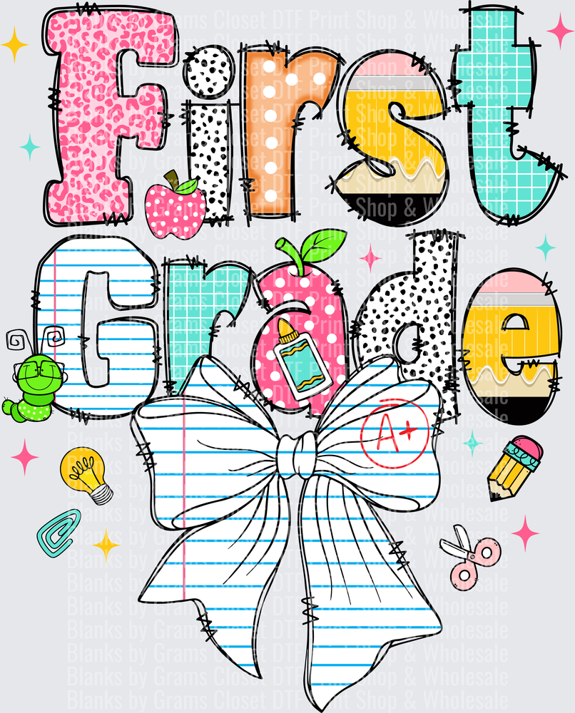 First Grade Coquette Bow School Supplies Doodle Letters