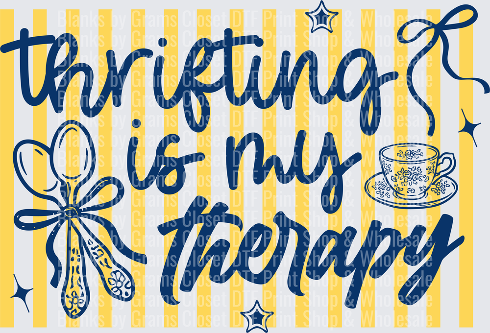 Thrifting Is My Therapy Yellow Striped Design with Teacup