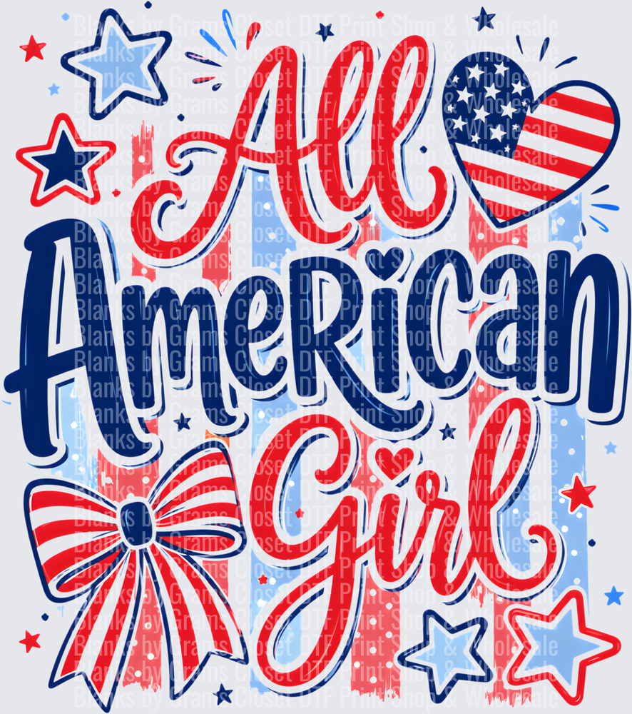 All American Girl Patriotic Red White Blue Stars Bow Design