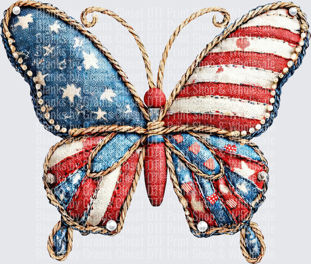 Patriotic American Flag Butterfly with Rope Border and Pearls