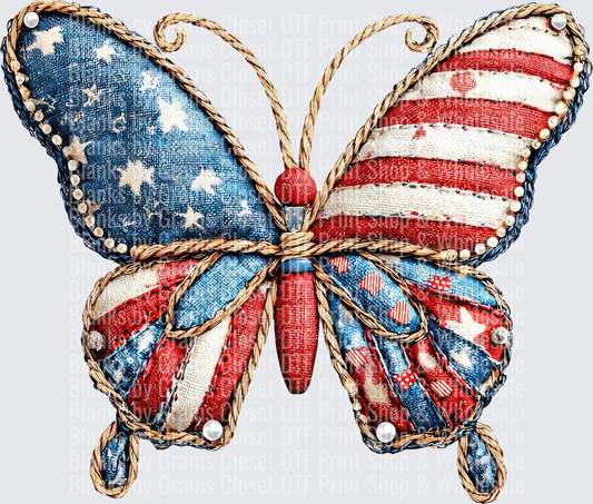 Patriotic American Flag Butterfly with Rope Border and Pearls