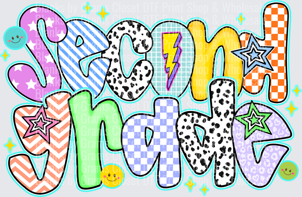 Second Grade Colorful Patterned Doodle Letters with Stars