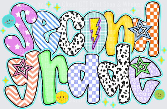 Second Grade Colorful Retro Patterned Bubble Letter Design