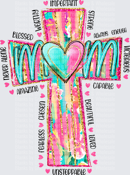 Colorful Cross MOM Heart Design with Inspirational Words
