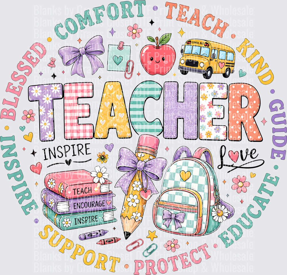 Boho Floral Teacher Typography Circle Word Art with School Icons